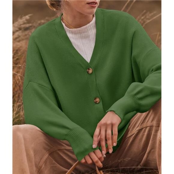 Women's 2025 Fall Casual Long Sleeve Cardigan Green - Picture 4 of 6